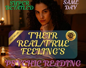 May include: A woman with dark curly hair is featured in an image promoting psychic readings. The text on the image reads "Their Real/True Feeling's Psychic Reading" and "Super Detailed" and "Same Day". Tarot cards and lit candles are on the table.