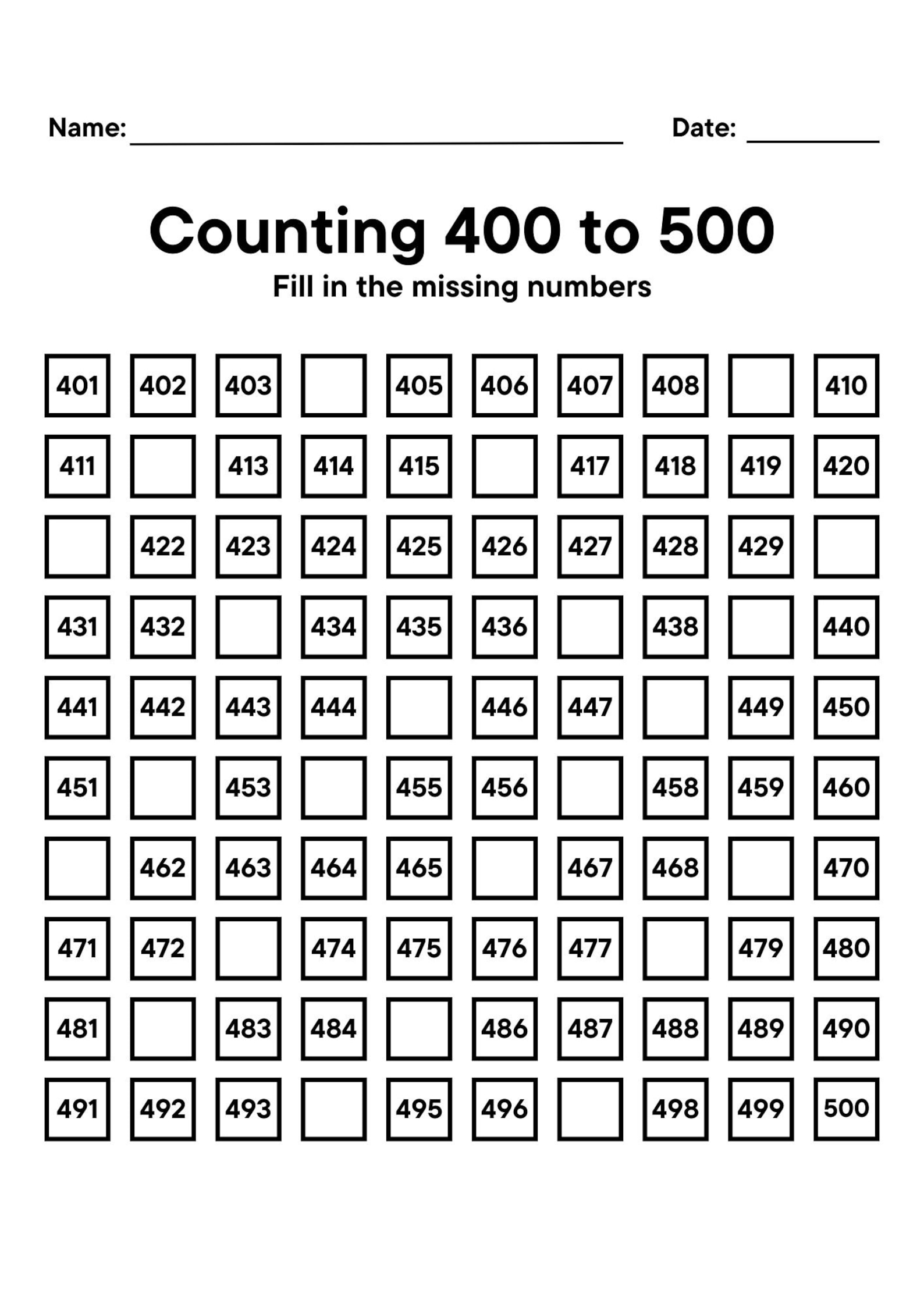 Counting 1-500 Math Worksheet, Printable Template for Pre-school and ...