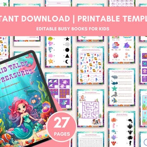 Puede incluir: Una plantilla imprimible digital para libros de actividades editables para niños. La portada del libro presenta una ilustración de sirena con el texto "Mermaid Tales and Treasures". La plantilla incluye 27 páginas de actividades.