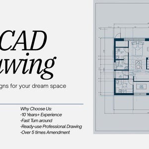 Può includere: Un disegno CAD 2D con una planimetria dettagliata in blu. Il testo recita "2D CAD Drawing" e "Innovative designs for your dream space". Include l'handle di Instagram e i tipi di file forniti.