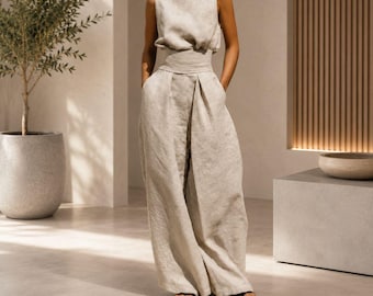 Two Piece Set Women, Sleeveless Top, Wide Leg Pants, Coastal Resort Wear, Gift For Her, Handmade