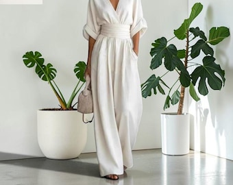 Elegant V-Neck Wide Leg Jumpsuit, Relaxed Fit Resort Wear, Gift For Her