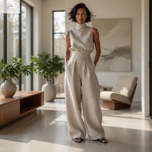 Completo due pezzi da donna, top senza maniche, pantaloni a gamba larga, completo estivo due pezzi, abbigliamento da resort costiero, regalo per lei, fatto a mano