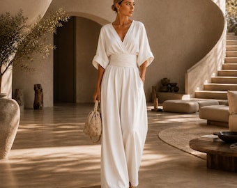 Mono de pierna ancha con escote en V para mujer / Elegante atuendo de cóctel para invitadas de boda y damas de honor / Regalo para ella