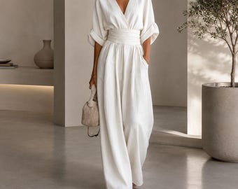 Elegant V-Neck Wide Leg Jumpsuit, Relaxed Fit Resort Wear, Gift For Her, Handmade