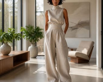 Two Piece Set Women, Sleeveless Top, Wide Leg Pants, Summer Two Piece Set, Coastal Resort Wear, Gift For Her, Handmade