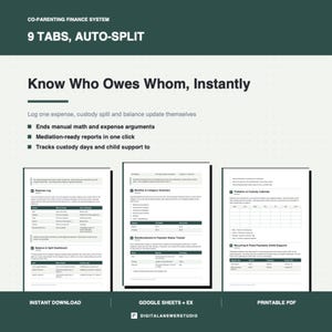 Co-Parenting Expense Tracker Auto-Split Calculator, Reimbursement Log & Custody Calendar (Google Sheets)