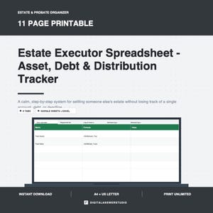 May include: An 11-page printable estate and probate organiser featuring an estate executor spreadsheet for tracking assets, debts, and distributions. The digital interface displays columns for metrics, formulas, and values, compatible with Google Sheets and Excel.