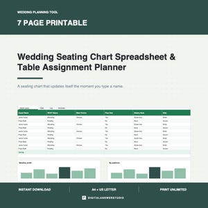 Puede incluir: Un planificador de asientos y hoja de cálculo para bodas imprimible de 7 páginas. El documento presenta una tabla de datos en verde y blanco para nombres de invitados, estado de RSVP, opciones de comida y notas dietéticas, además de dos gráficos.
