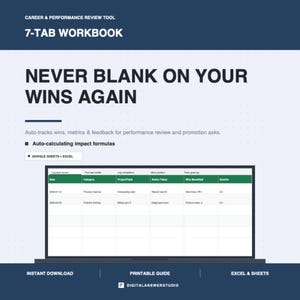 May include: A digital career and performance review tool 7-tab workbook featuring the text NEVER BLANK ON YOUR WINS AGAIN. It includes auto-calculating impact formulas for Google Sheets and Excel, displayed on a laptop screen with a data table.