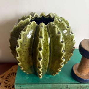 May include: A green ceramic cactus-shaped vase with a textured surface and dark interior. The vase is placed on a stack of books with a green cover. The vase has a unique, organic design, perfect for home decor.