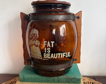 Vintage Amber Glass Cookie Jar Fat Is Beautiful Retro Kitchen Storage 1970s Wood Lid Canister Wander Haus Vintage