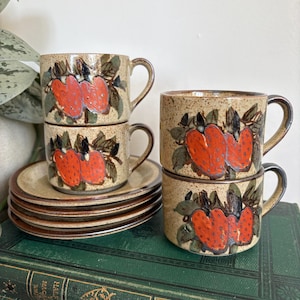 Vintage Japanese Stoneware Cup & Saucer Set | Strawberry Motif | 1970s Rustic Pottery | Wander House Vintage