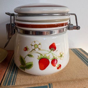 Vintage Strawberry Ceramic Canister | Japanese Lidded Storage Jar | Retro Kitchen Decor | Ceramic Preserve Pot | Wander House Vintage