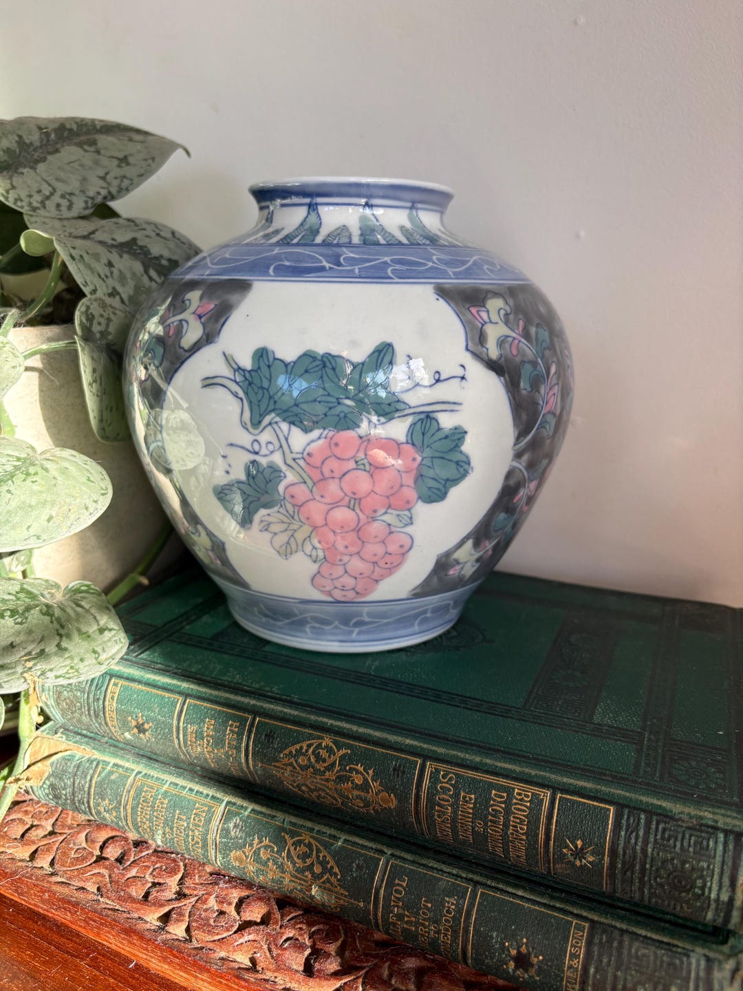 Vintage Asian Style Ceramic Vase With Grape Motif | Blue White Hand ...