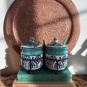 Blue Green Ceramic Condiment Set with Spoons | Double Canister Kitchen Set | Spice Jar Set with Stand | Boho Decor | hiking house vintage