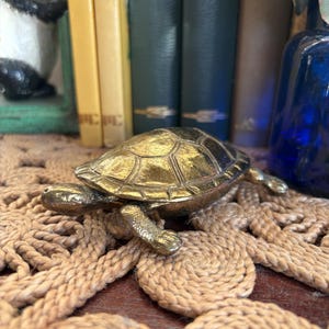 May include: A small, metallic gold-toned turtle figurine with a textured, segmented shell and detailed limbs. The turtle is depicted in a crawling position, showcasing a polished, reflective surface that catches the light, highlighting the intricate patterns on its back and legs.
