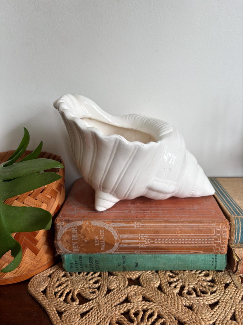 Vintage White Ceramic Shell Planter | Large Coastal Conch Vase ...