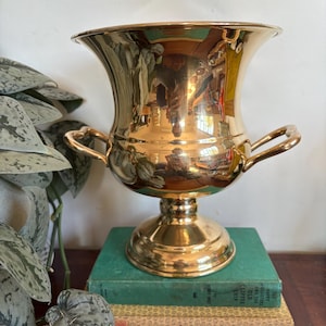 May include: A polished brass champagne bucket with a wide, flared rim, a pedestal base, and two curved side handles. The metallic surface is highly reflective, showing a distorted view of the surrounding room, and the vessel is empty.