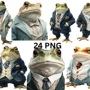 Puede incluir: Imágenes de arte digital que muestran ranas antropomórficas vestidas con trajes y atuendos formales. Las ranas se representan en diferentes poses, mostrando sus atuendos, que incluyen chaquetas, chalecos y corbatas, sobre un fondo blanco.