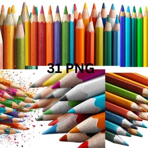 May include: A collection of colorful pencils arranged in rows. The pencils are in various colors, including red, orange, yellow, green, blue, and purple. The text "31 PNG" is visible in the image.