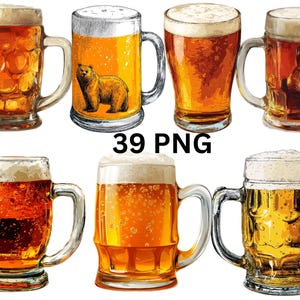 May include: Collection of eight beer mugs filled with golden beer and foamy heads. Some mugs have decorative elements like a bear illustration or a bear-shaped design. The text "39 PNG" is visible.
