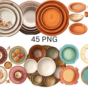 May include: A collection of various ceramic plates, bowls, and serving dishes in a variety of sizes and colors. Some pieces have floral designs, while others are plain. The text "45 PNG" is visible in the image.