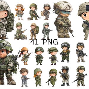Könnte beinhalten: Eine Sammlung von 41 PNG-Bildern mit Cartoon-Soldaten in verschiedenen Posen und Uniformen. Die Soldaten sind mit Helmen, militärischer Ausrüstung und Waffen in einer Vielzahl von Tarnmustern und -farben dargestellt. Das Gesamtthema ist Militär und Kampf.