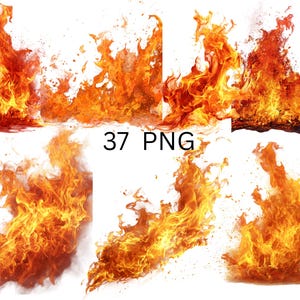 Puede incluir: Una colección de llamas de fuego en tonos rojos, naranjas y amarillos sobre un fondo blanco. La imagen incluye múltiples instancias de fuego, con el texto "37 PNG" visible.