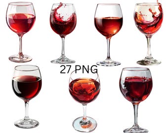 Wine Glass Clipart PNG Bundle | Red & White Wine Art | Transparent Background | Instant Download | Commercial Use