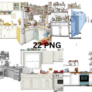 May include: A collection of kitchen illustrations in various styles, including color and black and white sketches. The images showcase different kitchen layouts, appliances, and storage solutions, with the text "22 PNG" visible.