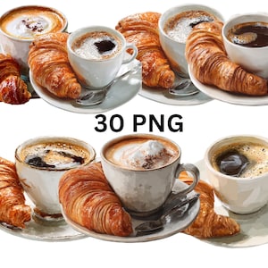 May include: Watercolor illustration of coffee cups with croissants. The cups contain coffee and cappuccino. The croissants are golden brown and flaky. The image has a white background and the text "30 PNG".