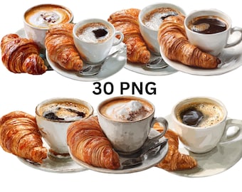 Coffee & Croissant Clipart Bundle | Breakfast And Cafe Set PNG | Transparent Background | Instant Download | Commercial Use