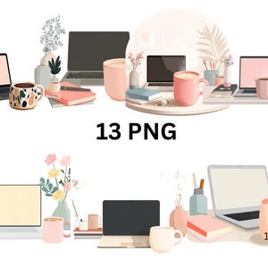 May include: A digital illustration featuring multiple laptops, mugs, books, and decorative vases. The image includes the text "13 PNG". The color palette is soft, with pink, beige, and black accents, creating a cozy workspace theme.