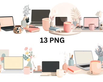 Work From Home Desk Clipart Bundle,Office Aesthetic PNG, Laptop Workspace, Cozy Digital Desk Setup, Instant Download, Transparent Background