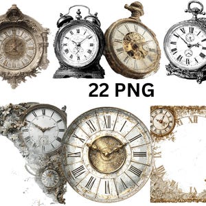May include: A collection of antique clocks and pocket watches in various styles. The image includes a large wall clock with ornate detailing, a black and white alarm clock, and several pocket watches with visible gears and Roman numeral faces. The text "22 PNG" is also present.