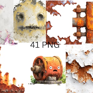 May include: A collage of images featuring textures of rust, peeling paint, and aged metal. The images include close-ups of corroded surfaces, a cartoonish illustration of a rusty barrel, and the text "41 PNG". The color palette is dominated by shades of orange, brown, white, and gray.