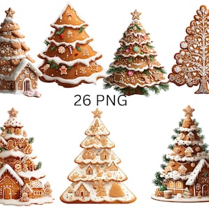 Könnte beinhalten: Eine Sammlung von Lebkuchen-Weihnachtsbäumen und -Häusern, verziert mit weißem Zuckerguss, Süßigkeiten und sternförmigen Dekorationen. Das Bild enthält den Text "26 PNG".