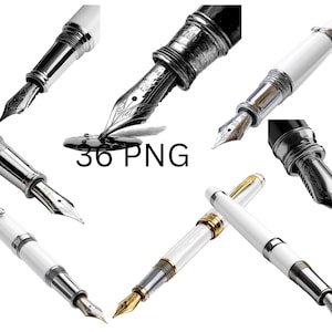 May include: Collection of fountain pens with white barrels and silver or gold accents. The nibs are silver or gold, and some pens have black caps. The image includes the text "36 PNG".