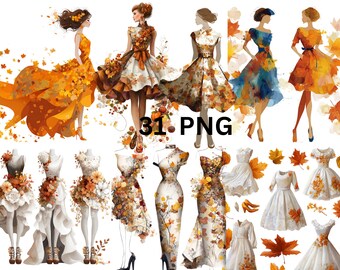 Autumn Fashion PNG Set, Fall Dresses Clipart, Elegant Women Fashion Art, Boho Rustic Autumn Dress | Women's Fall Outfit, Instant Download