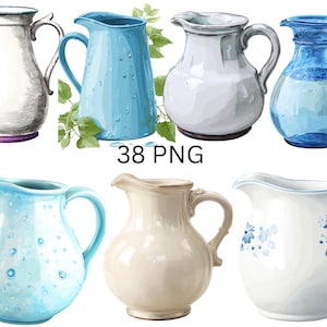 May include: Collection of watercolor-style pitchers in various colors, including white, blue, and cream. Some pitchers have floral designs or water droplet details. The text "38 PNG" is visible.