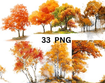 May include: Watercolor illustrations of trees in autumn colors. The image features a collection of trees with vibrant orange, red, and yellow foliage. The text "33 PNG" is displayed in the center of the image.