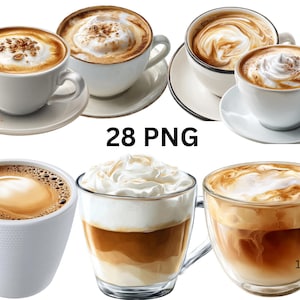May include: A selection of coffee beverages, such as cappuccinos and lattes, are presented in white ceramic cups and clear glass mugs. The drinks are topped with foamed milk and other decorations. The image includes the text "28 PNG".