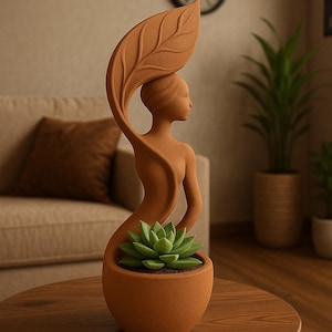 May include: A terracotta sculpture of a woman with a leaf-shaped element above her head, holding a succulent plant in a pot. The sculpture is on a wooden table. The background includes a sofa and a clock.