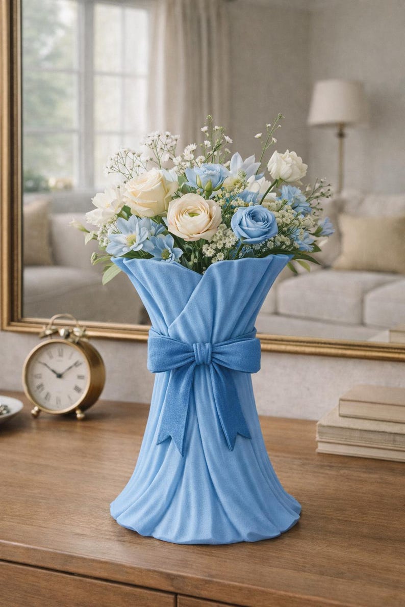 May include: A light blue vase with a bow holds a bouquet of white, cream, and blue flowers. The vase is on a wooden surface, with a gold-colored clock and mirror in the background. The flowers include roses and other blooms.