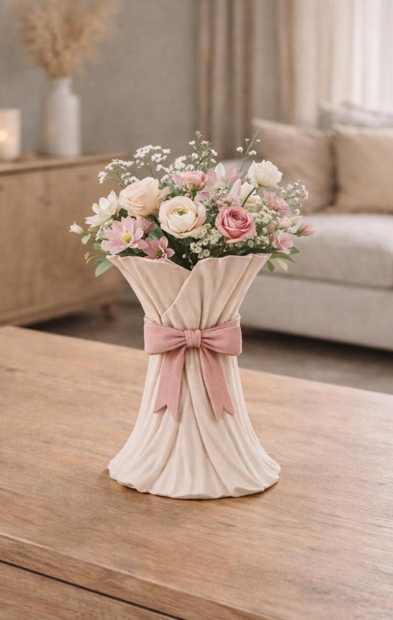 May include: A beige vase with a pink bow holds a bouquet of pink and white flowers. The vase has a draped fabric design. The flowers include roses and other blossoms, creating a soft, romantic arrangement.