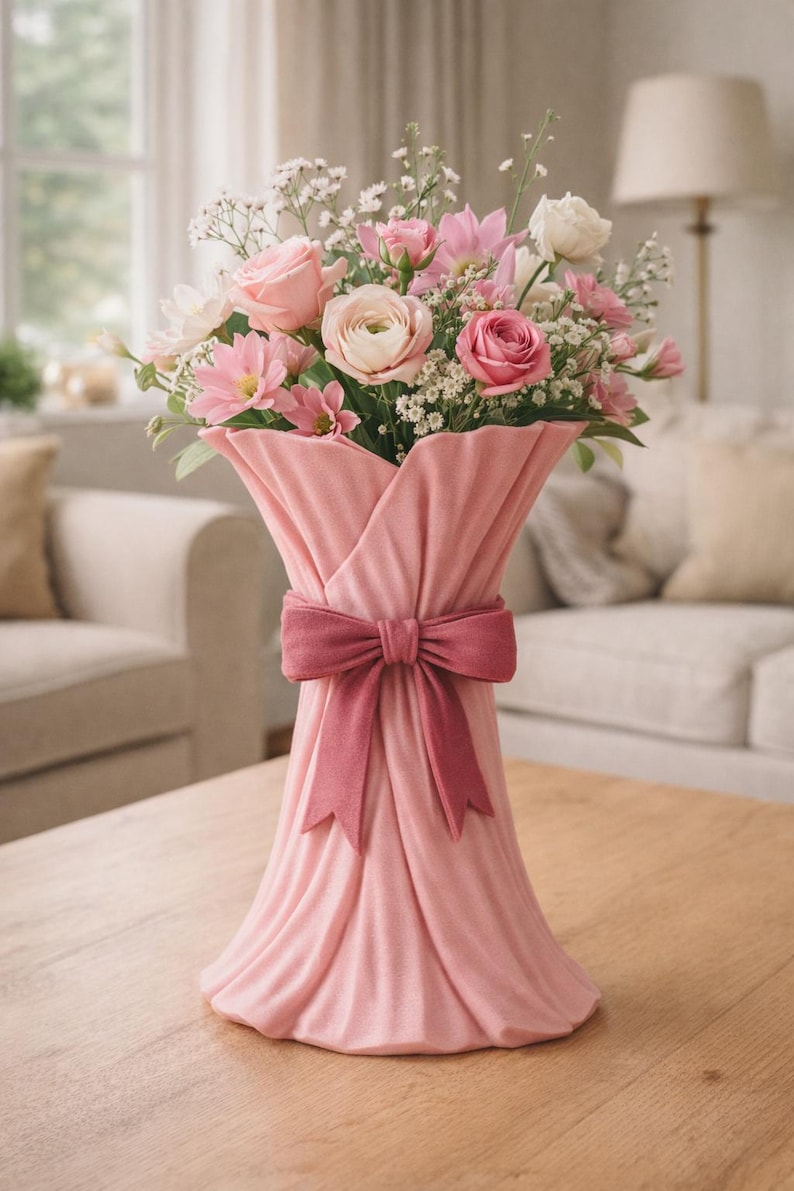 May include: A pink vase with a bow holds a bouquet of pink and white flowers. The vase has a draped fabric design and a burgundy bow. The flowers include roses, daisies, and other small blooms. The vase is on a wooden table.