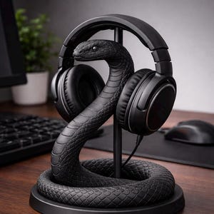 May include: Black snake-shaped headphone stand. The stand has a textured finish and a coiled base. The headphones are black and are supported by the snake's head. The stand is designed to hold headphones.