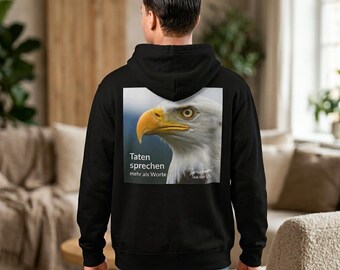 Tayfun Relug Hoodie Personalized Streetwear Pullover with Eagle Head & Actions speak louder than words | German-Arabic Design