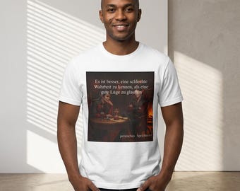 Persian proverb T-shirt: Two devils in hell. Better a bad truth... Dark Aesthetic Shirt. Philosophical gift.